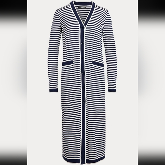 NWT Lauren Ralph Lauren Long Striped Silk Blend Cardigan Navy Nautical Size L - Picture 1 of 16